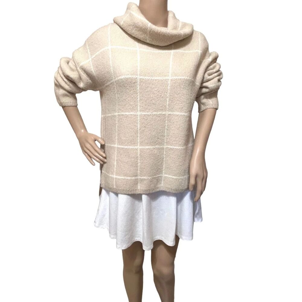 Cozy Pants Store Tan Windowpane Plaid Cowl Neck Sweater - Size Large